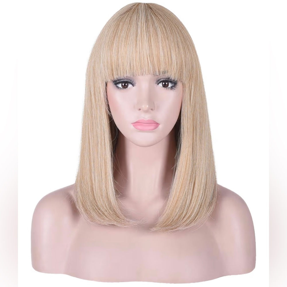 15 inch Blonde Highlights Straight Synthetic Hair Wig with Bangs